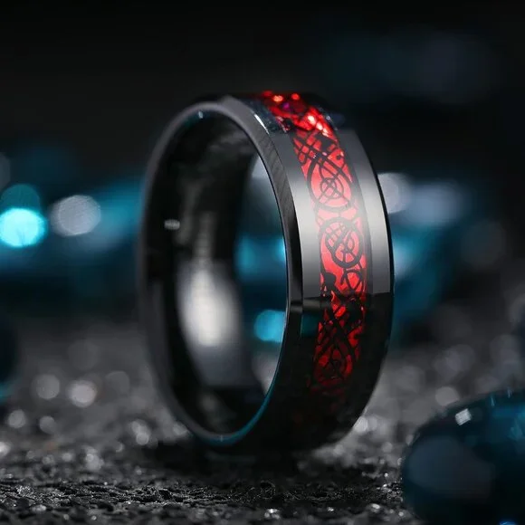 Men's Mazarine Celtic Dragon Tungsten Carbide Band Ring Comfort Fit